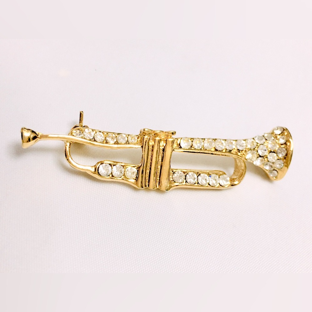 Gold Rhinestone Trumpet Brooch - Picture 5 of 5